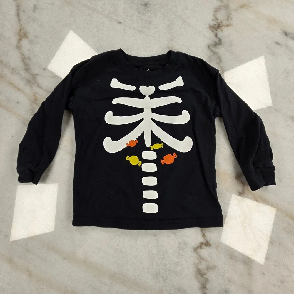 Carter's T-Shirt Toddler 2T Skeleton Orange Striped Halloween Fall Festive